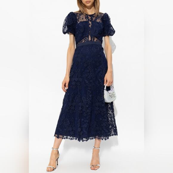 Self-Portrait Laced Puff Sleeved Midi Dress Navy size 10 - Picture 4 of 12